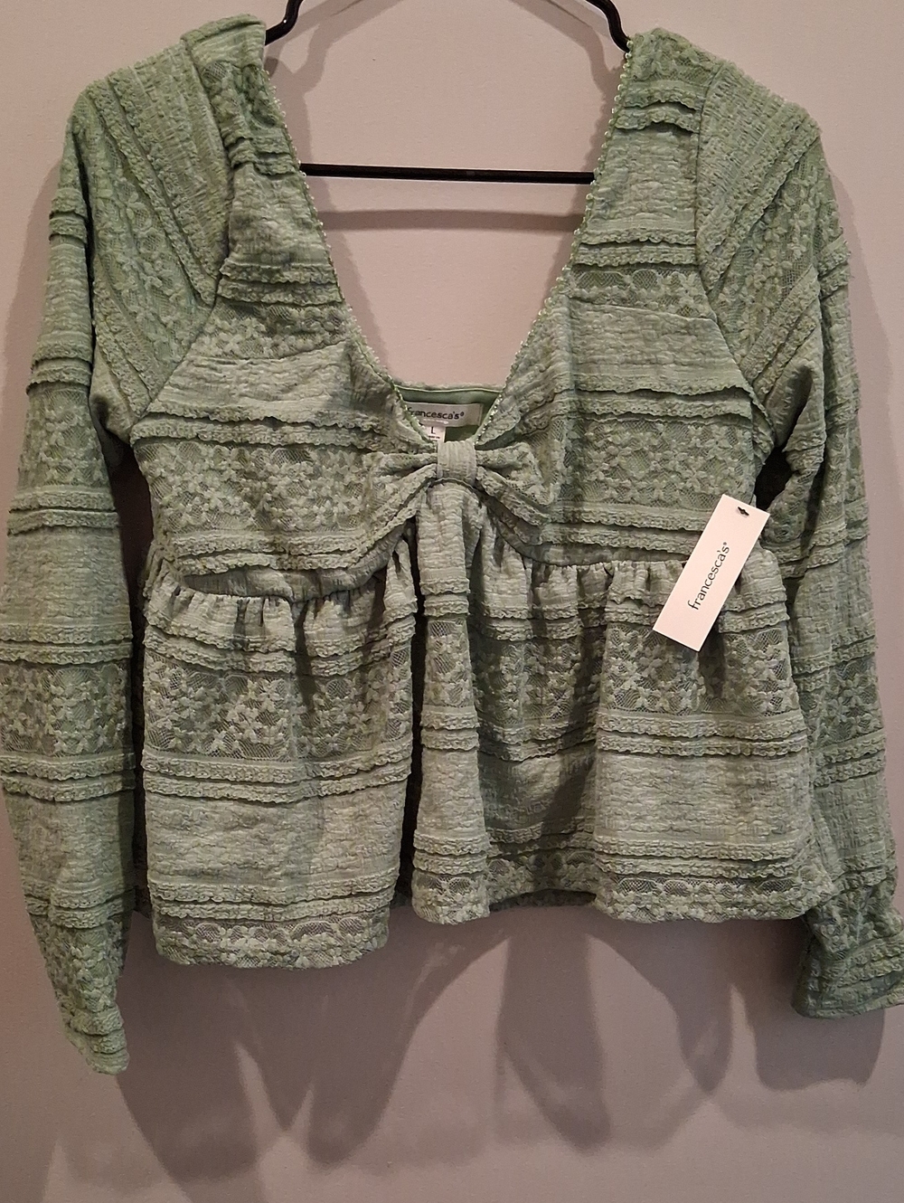 Francesca's Collections Light Sage Green Lace-Texture Tie-Front Peplum Top